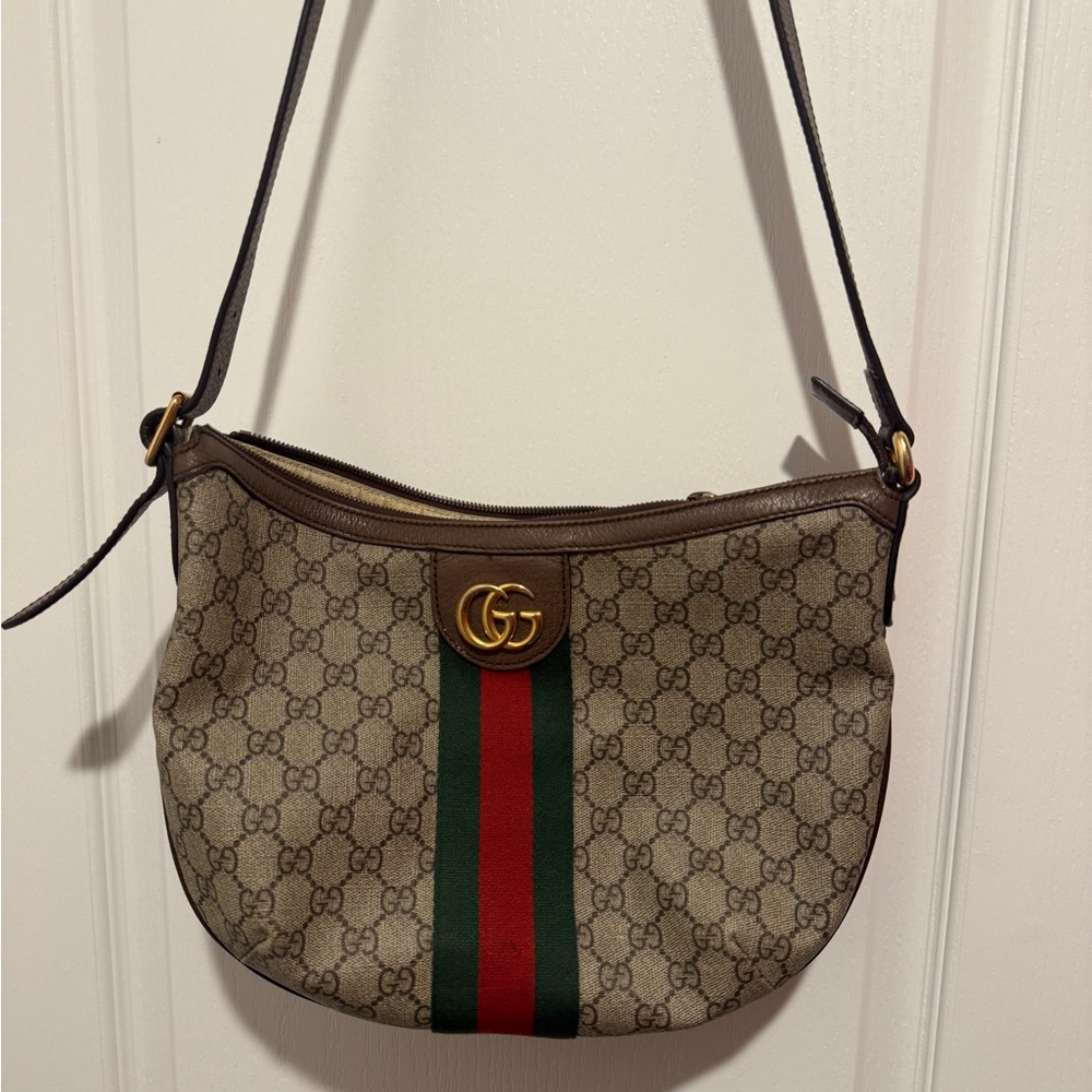 Gucci Beige and Brown GG Shoulder Bag with Red and Green Stripe